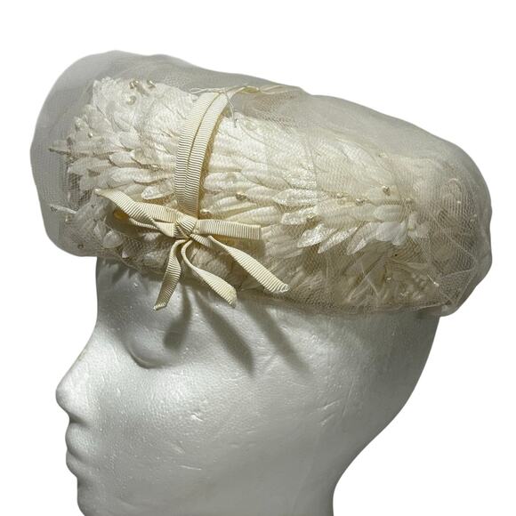 Vintage Mid Century White pillbox hat by Dana Marte bridal silk floral & beads - Picture 1 of 10